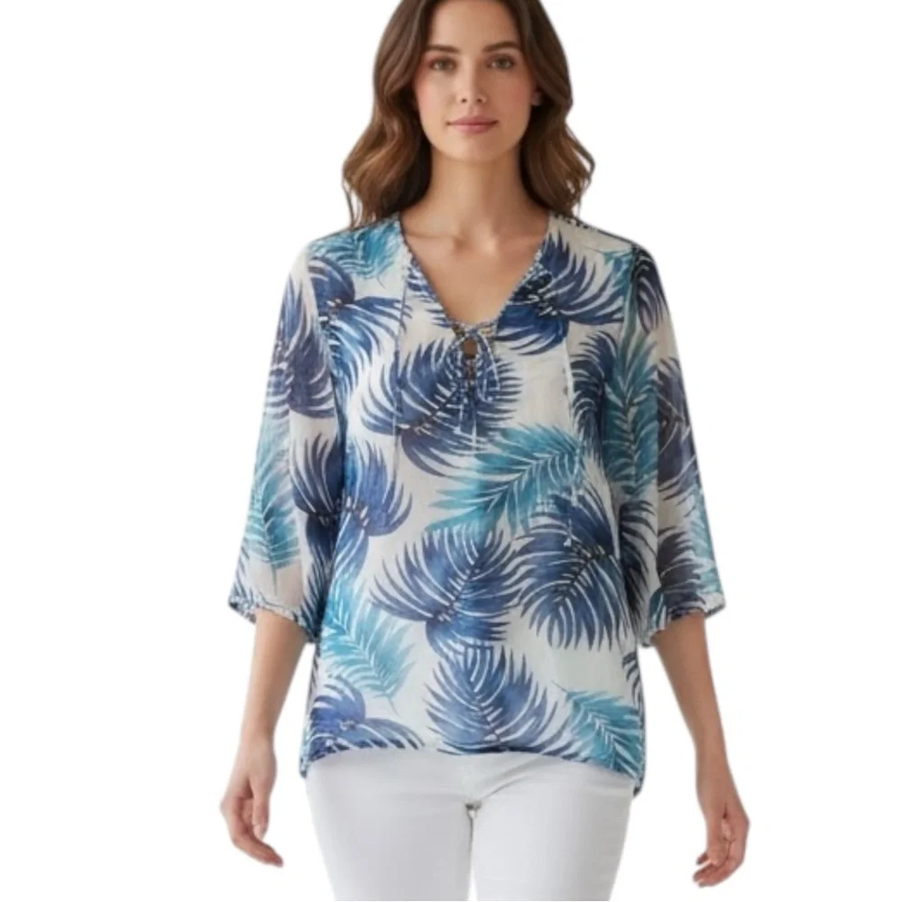J. Valdi Palm Leaf Swim Cover-up in Blue/White/Green Size Med — SUMMER STAPLE - Picture 2 of 12